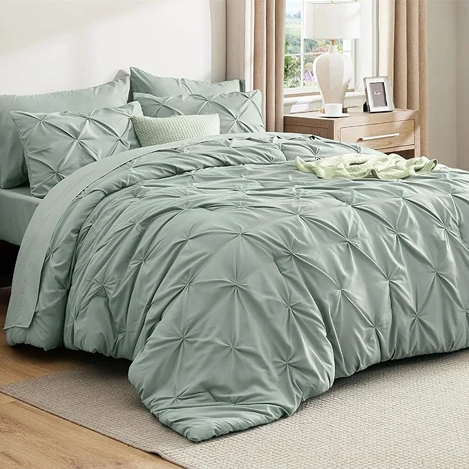 Reusable Bedsure Queen Comforter Set Sage Green - Bed in a Bag Queen Size Bedding 7 Pieces GentleSoft™ Pintuck Bed Set Gift for Family Pinch Pleat All Season Comforter with Sheets Pillowcases amp Shams Fine