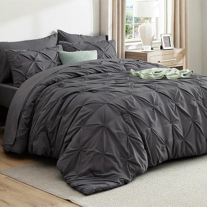 High-End Bedsure Full Comforter Set Dark Grey - Bed in a Bag Full Size Bedding Set 7 Pieces GentleSoft™ Pintuck Bed Set Gift for Family Pinch Pleat All Season Comforter with Sheets Pillowcases amp Shams Long-Lasting