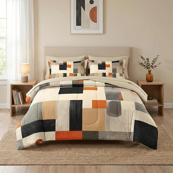 Professional Comforter Set King Size Geometric Painting Contemporary 7 Pcs Bedding for Kids and Adults Gray Orange Bed Sheet Sets with Fitted Sheet 2 Pillowcase amp 2 Sham for Bedroom Bed Decor High-End