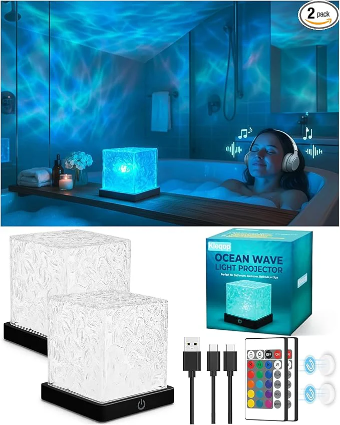Premium Material 2-Pack Black Rechargeable Shower Lights 16 Color Ocean Wave Projector Light Stylish
