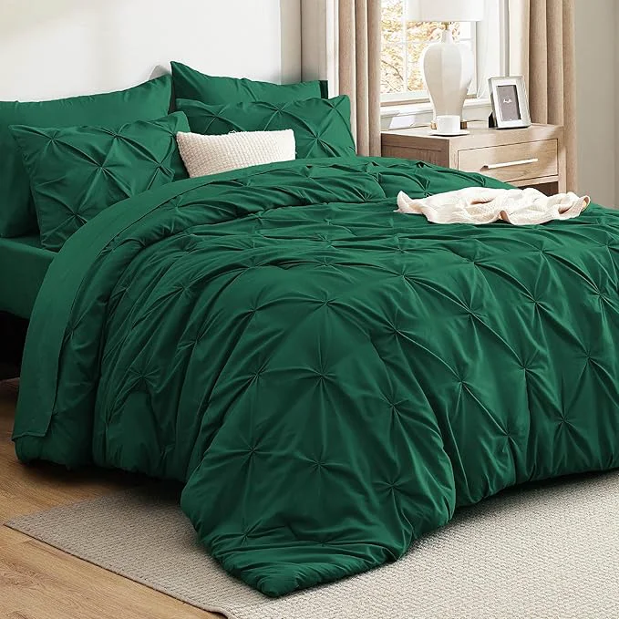 Certified Bedsure King Size Comforter Set Dark Green - Bed in a Bag Bedding Set 7 Pieces GentleSoft™ Pintuck Bed Set Gift for Family Pinch Pleat Dark Green Comforter with Sheets Pillowcases amp Shams Reliable