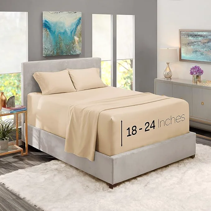 Healthy Nestl Queen Size Sheet Set 4 Piece Extra Deep Pocket 18-24 inches Microfiber Hotel Luxury Soft Breathable Wrinkle- Easy to Care Beige Cream Optimized