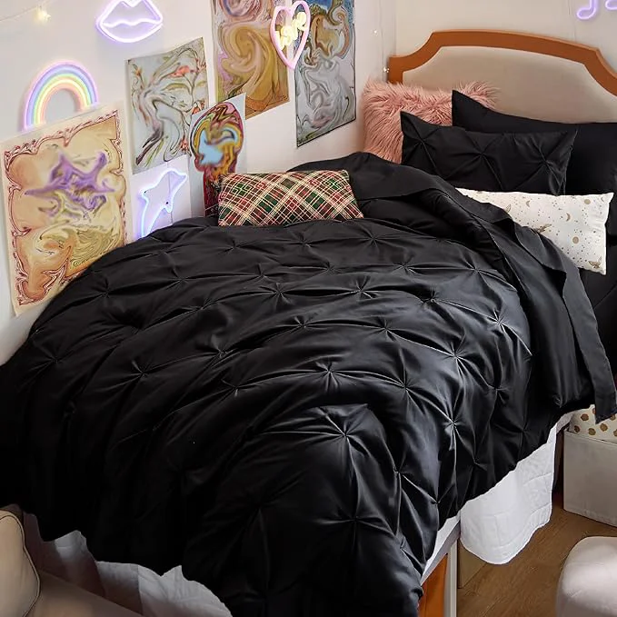 Efficient Bedsure Twin Comforter Set Black - Bed in a Bag Twin Size Bedding 5 Pieces GentleSoft™ Pintuck Bed Set Gift for Family Pinch Pleat Black Comforter with Sheets Pillowcase amp Sham Certified