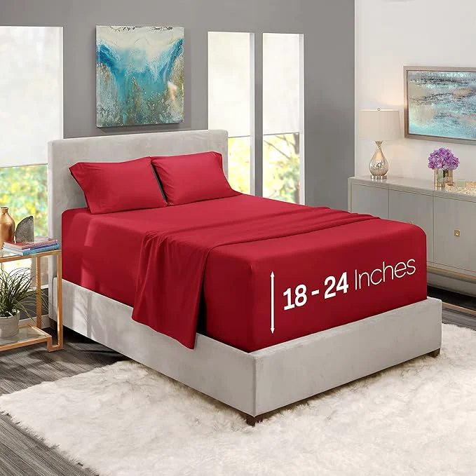 Fast Nestl Twin XL Size Sheet Set 4 Piece Extra Deep Pocket 18-24 inches Microfiber Hotel Luxury Soft Breathable Wrinkle- Easy to Care Burgundy Red Unique