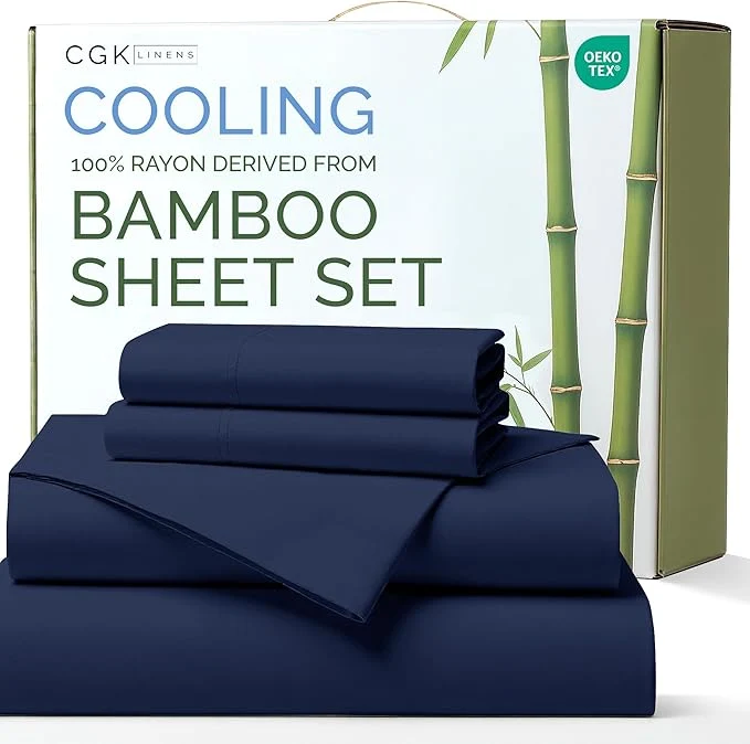 High-Performance Rayon Derived From Bamboo - Bamboo Sheets Full Size - Cooling Sheets for Full - Soft Breathable amp Hotel Luxury Bedding - 1 Flat amp 1 Fitted amp 2 Pillowcases with 16 Inch Deep Pockets - Navy Blue Fashionable