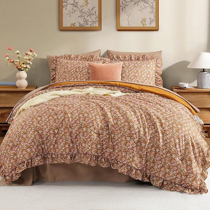 Trusted King Comforter Set - 7 Pieces Ruffle Brown Bedding Sets Shabby Chic Farmhouse Bed in a Bag with Ruffle Comforter Sheets Pillowcases amp Shams Practical