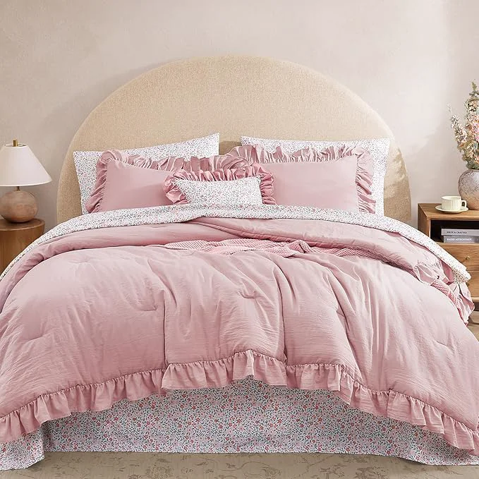Green Twin XL Comforter Set - 5 Pieces Ruffle Soft Pink Bedding Sets Shabby Chic Farmhouse Bed in a Bag Twin XL with Ruffle Comforter Floral Sheets Pillowcases amp Shams Superior