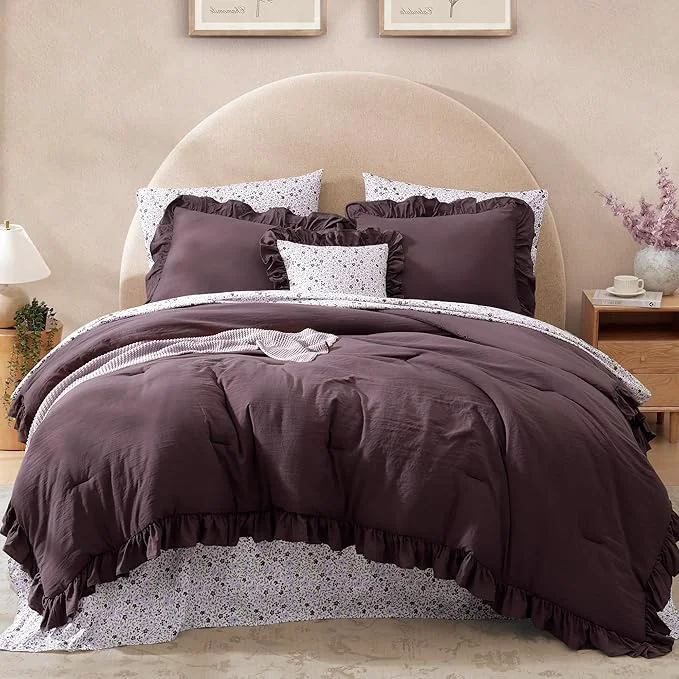 Consistent Queen Comforter Set - 7 Pieces Ruffle Purple Bedding Sets Shabby Chic Farmhouse Bed in a Bag Queen with Ruffle Comforter Floral Sheets Pillowcases amp Shams Responsible