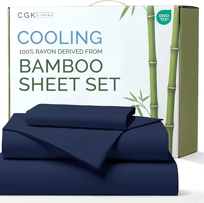 Smart Rayon Derived From Bamboo - Bamboo Sheets Twin XL Size - Cooling Sheets for Twin XL - Soft Breathable Hotel Luxury Bedding - 1 Flat amp 1 Fitted amp 1 Pillowcase w 16 Inch Deep Pockets - Navy Blue Contemporary