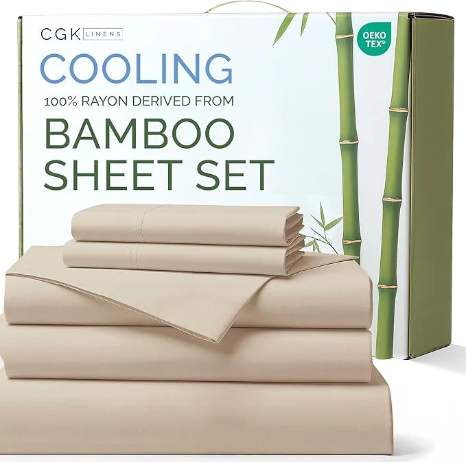 Reliable Rayon Derived From Bamboo - Bamboo Sheets Split King Size - Cooling Sheets for Split King - Ultra Soft Hotel Luxury Bedding - 1 Flat amp 2 Fitted amp 2 Pillowcases with 16 Inch Deep Pockets - Wheat Excellent