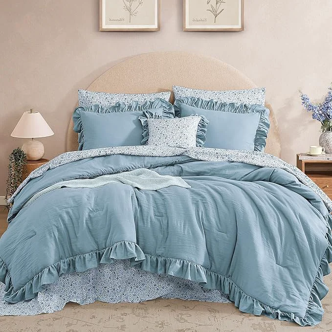 Superior King Comforter Set - 7 Pieces Ruffle Blue Bedding Sets Shabby Chic Farmhouse Bed in a Bag King with Ruffle Comforter Floral Sheets Pillowcases amp Shams Original