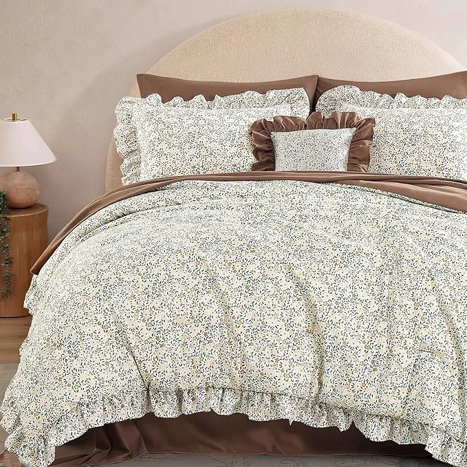 Advanced King Comforter Set - 7 Pieces Ruffle Beige Ditzy Bedding Sets Shabby Chic Farmhouse Bed in a Bag King with Floral Comforter Sheets Pillowcases amp Shams Contemporary