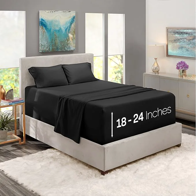 Top-Quality Nestl Twin Size Sheet Set 4 Piece Extra Deep Pocket 18-24 inches Microfiber Hotel Luxury Soft Breathable Wrinkle- Easy to Care Black High-Performance