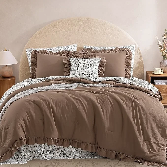 Stylish Queen Comforter Set - 7 Pieces Ruffle Amber Brown Bedding Sets Shabby Chic Farmhouse Bed in a Bag with Ruffle Comforter Floral Sheets Pillowcases amp Shams High-Performance