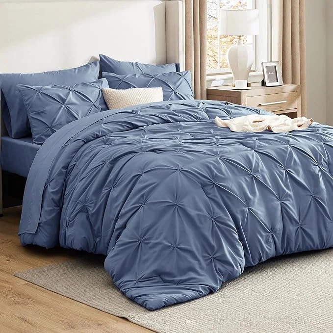 Superior Bedsure Queen Comforter Set Slate Blue - Bed in a Bag Queen Size Bedding 7 Pieces GentleSoft™ Pintuck Bed Set Gift for Family Pinch Pleat All Season Comforter with Sheets Pillowcases amp Shams Functional