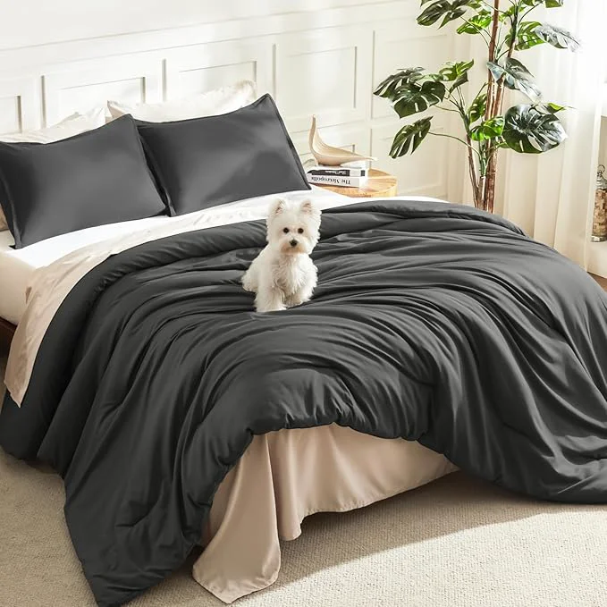 Powerful Litanika Comforter Set Dark Grey Oversized King Size 3 Pieces Lightweight Solid Bedding Comforter Set All Season Fluffy Bed Set 120x98In Comforter amp 2 Pillowcases Efficient