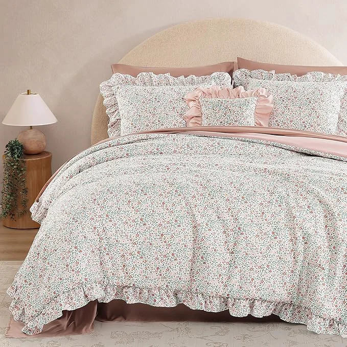 Versatile King Comforter Set - 7 Pieces Ruffle Pink Ditzy Bedding Sets Shabby Chic Farmhouse Bed in a Bag King with Floral Comforter Sheets Pillowcases amp Shams Excellent