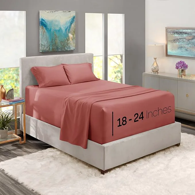 Detailed Nestl California King Size Sheet Set 4 Piece Extra Deep Pocket 18-24 inches Microfiber Hotel Luxury Soft Breathable Wrinkle- Easy to Care Pink Clay Original