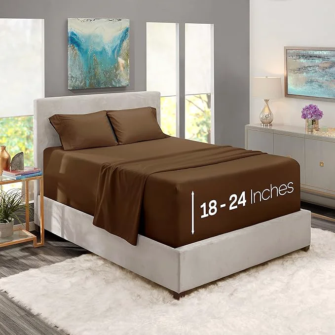 Comfortable Nestl Full Size Sheet Set 4 Piece Extra Deep Pocket 18-24 inches Microfiber Hotel Luxury Soft Breathable Wrinkle- Easy to Care Chocolate Brown Lightweight