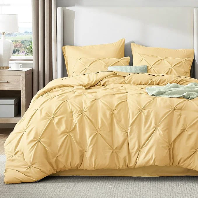 Luxury Bedsure Full Comforter Set Yellow - Bed in a Bag Full Size 7 Pieces GentleSoft™ Pintuck Bed Set Gift for Family Pinch Pleat Yellow Comforter with Sheets Pillowcases amp Shams Trendy