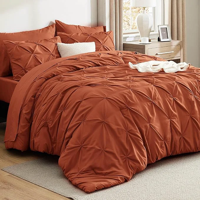 Authentic Bedsure Full Comforter Set Burnt Orange - Bed in a Bag Full Size Bedding Set 7 Pieces GentleSoft™ Pintuck Bed Set Gift for Family Pinch Pleat All Season Comforter with Sheets Pillowcases amp Shams Classic