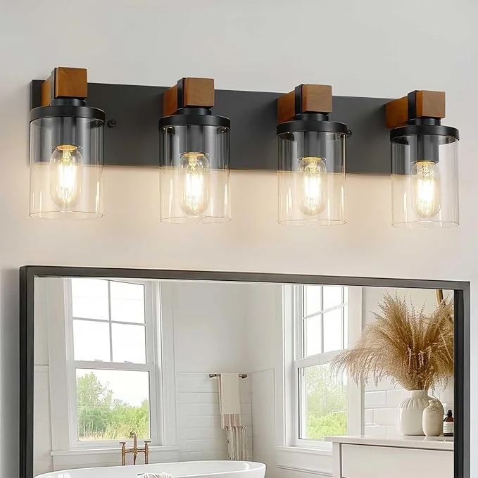 Expertly Made 4-Light Farmhouse Bathroom Light Fixtures Wood Matte Black Vanity Lights Over Prestigious