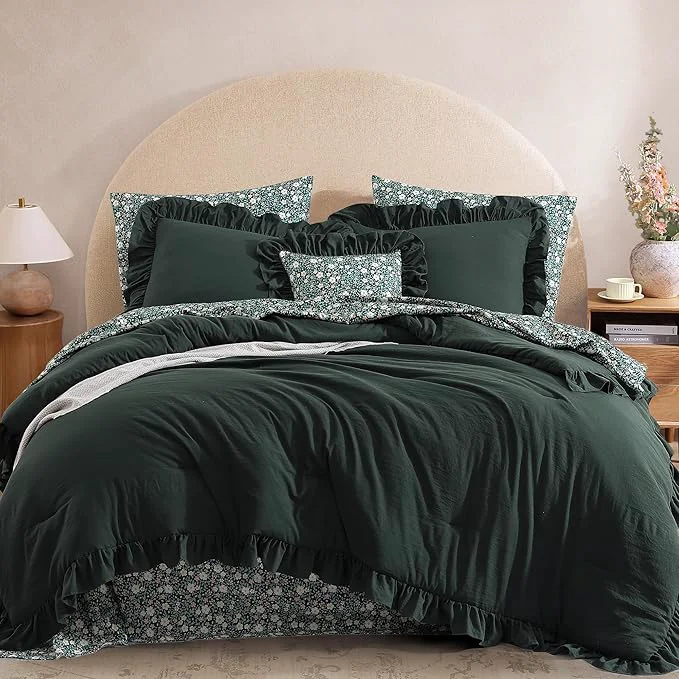 First-Class Queen Comforter Set - 7 Pieces Ruffle Forest Green Bedding Sets Shabby Chic Farmhouse Bed in a Bag with Ruffle Comforter Floral Sheets Pillowcases amp Shams Official
