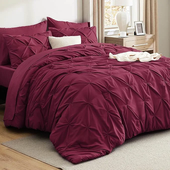 Breathable Bedsure Twin Comforter Set Burgundy - Bed in a Bag Twin Size Bedding 5 Pieces GentleSoft™ Pintuck Bed Set Gift for Family Pinch Pleat Burgundy Comforter with Sheets Pillowcase amp Sham Powerful