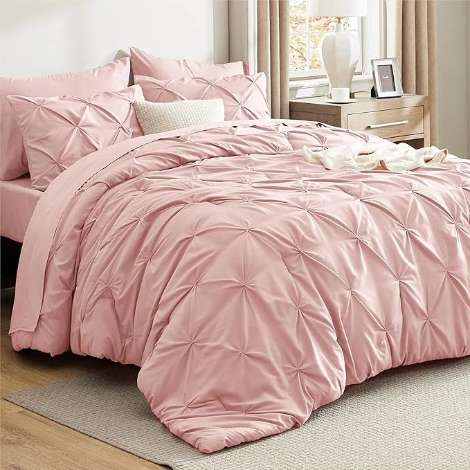 Artisan Bedsure California King Comforter Set Pink - Bed in a Bag Cal King Bedding Set 7 Pieces GentleSoft™ Pintuck Bed Set Gift for Family Pinch Pleat Pink Comforter with Sheets Pillowcases amp Shams Comfortable