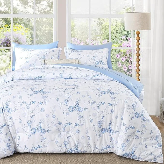 Superior Luxudecor Floral Queen Comforter Set 7 Pieces Bed in a Bag Blue Rose Romantic Flower Bed Set Soft Reversible Comforter with Sheet Set 90 quot x90 quot Premium Material