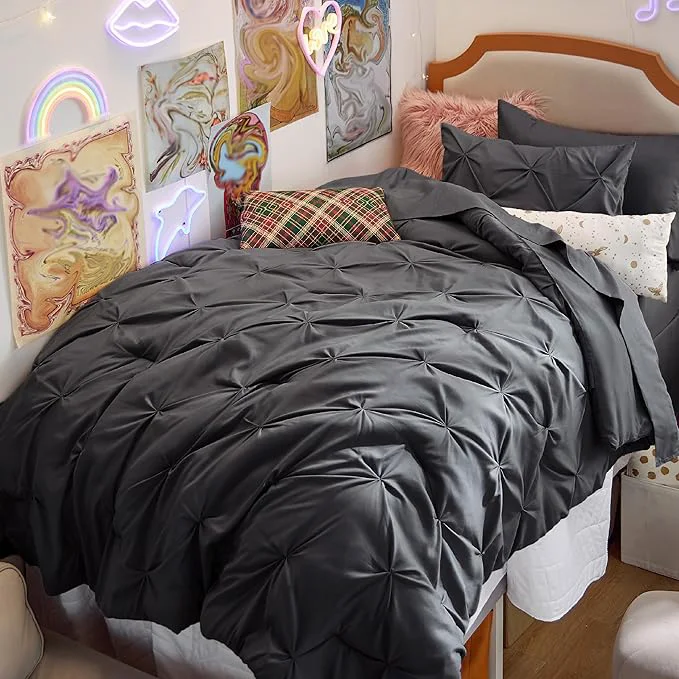 Sophisticated Bedsure Twin Comforter Set Dark Grey - Bed in a Bag Twin Size Bedding 5 Pieces GentleSoft™ Pintuck Bed Set Gift for Family Pinch Pleat Dark Grey Comforter with Sheets Pillowcase amp Sham Original Design