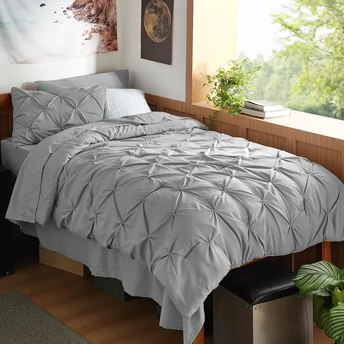 Premium Bedsure Twin XL Comforter Set - Extra Long 5 Pieces Dorm Bedding Sets GentleSoft™ Pinch Pleat Grey Bed in a Bag with Pintuck Comforter Sheets Pillowcase amp Sham Advanced