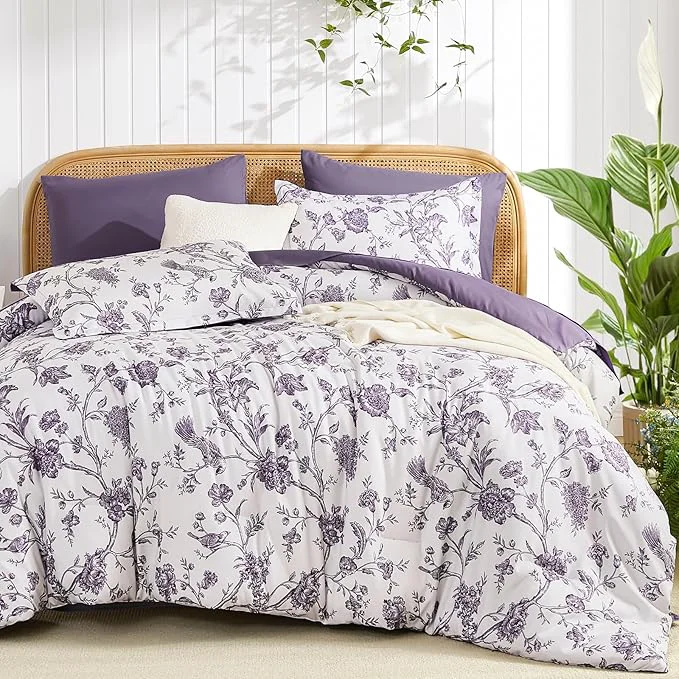 Reusable Luxudecor Floral Comforter Set King Size 7 Pieces Purple Flower with Bird Bed in a Bag Soft Reversible Comforter with Sheet Bed Set 104 quot x90 quot Contemporary