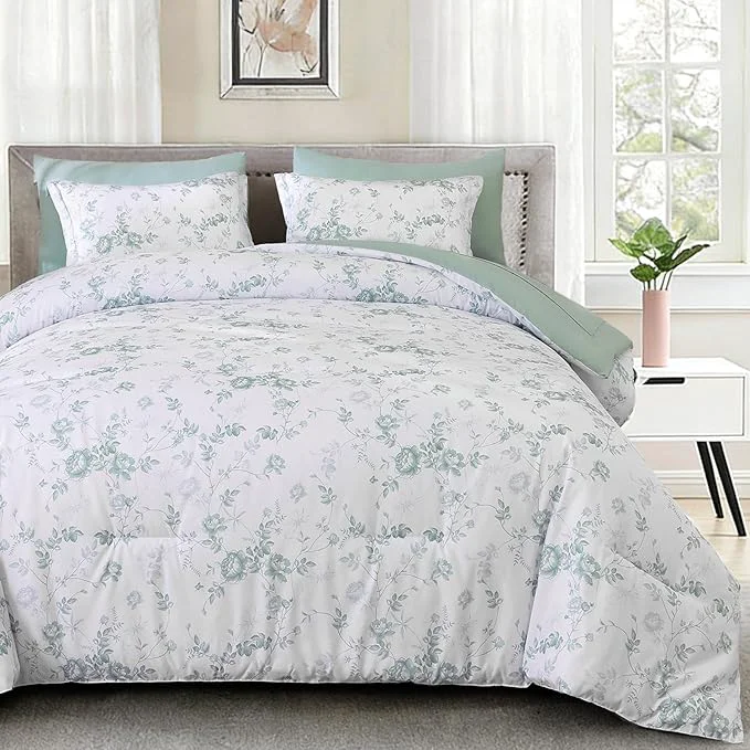 Versatile Luxudecor Floral Queen Comforter Set 7 Pieces Bed in a Bag Green Rose Romantic Flower Bed Set Soft Reversible Comforter with Sheet Set 90 quot x90 quot Reusable