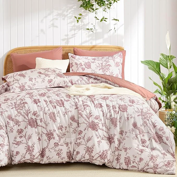 High-Grade Luxudecor Floral Comforter Set King Size 7 Pieces Blush Pink Flower with Bird Bed in a Bag Soft Reversible Comforter with Sheet Bed Set 104 quot x90 quot Premium Material