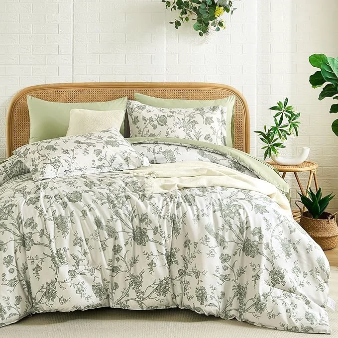 Refined Luxudecor Floral King Comforter Set 7 Pieces Bed in a Bag Sage Green Flower with Bird Bedding Set Soft Reversible Comforter with Sheet Set 104 quot x90 quot Trendy