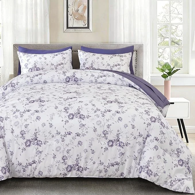 Quality Luxudecor Floral King Comforter Set 7 Pieces Bed in a Bag Purple Rose Romantic Flower Bed Set Soft Reversible Comforter with Sheet Set 104 quot x90 quot Functional