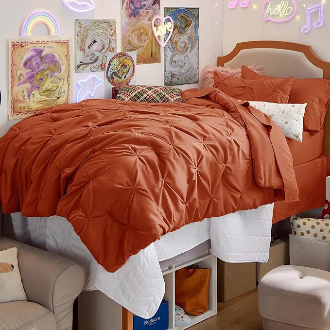 User-Friendly Bedsure Twin XL Comforter Set - Extra Long 5 Pieces Dorm Bedding Sets GentleSoft™ Pinch Pleat Burnt Orange Bed in a Bag with Pintuck Comforter Sheets Pillowcase amp Sham Flexible