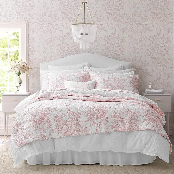 Trendy Laura Ashley - Queen Quilt Set Soft amp Reversible Cotton Floral Bedding with a Medium Weight Feel 3 Piece Bed Set with Matching Pillowcases Bedford Pink Healthy