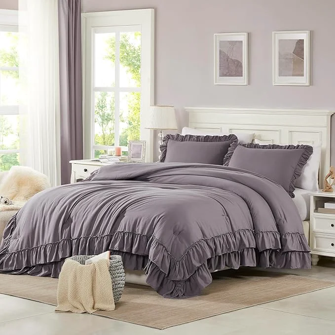Environmentally Friendly Cupocupa Purple Ruffle King Size Comforter Set Shabby Chic Boho Bedding Comforter Sets Fluffy Cozy Bedding Comforters amp Sets for All Season 3PCS Lightweight Farmhouse Rustic Bedding Sets Breathable