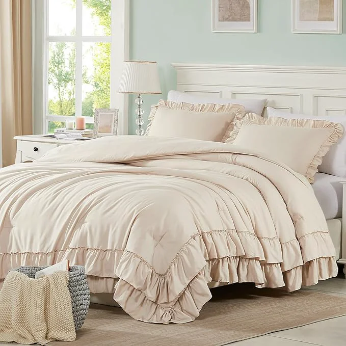 Next-Generation Cupocupa Beige Full Comforter Set 3Pcs Ruffle Farmhouse Bedding Sets with Comforter amp Pillowcases Soft Shabby Chic Lightweight Fluffy Comforter Set for All Season Bedroom Decor Beige F Easy-to-Use