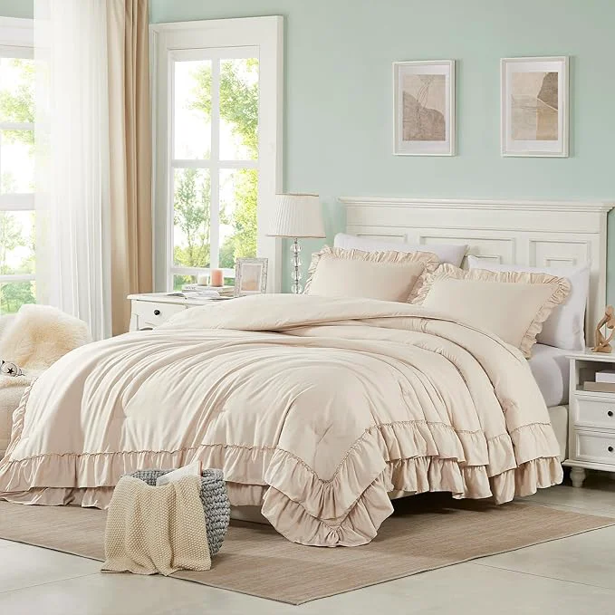 High-Grade Cupocupa Pink Ruffle King Size Comforter Set Shabby Chic Boho Bedding Comforter Sets Fluffy Cozy Bedding Comforters amp Sets for All Season 3PCS Lightweight Farmhouse Rustic Bedding Sets Beige Outstanding