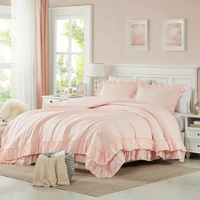 User-Friendly Cupocupa Blush Pink Comforter Set Queen 3Pcs Comforters Queen Size Ruffle Farmhouse Bedding Sets Queen with Comforter Lightweight Soft Shabby Chic Bedding Comforter Set Fluffy for All Season Consistent