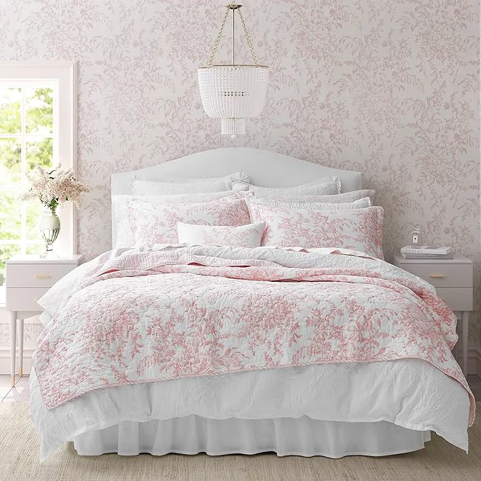 Trendy Laura Ashley - King Quilt Set Soft amp Reversible Cotton Floral Bedding with a Medium Weight Feel 3 Piece Bed Set with Matching Pillowcases Bedford Pink Effective