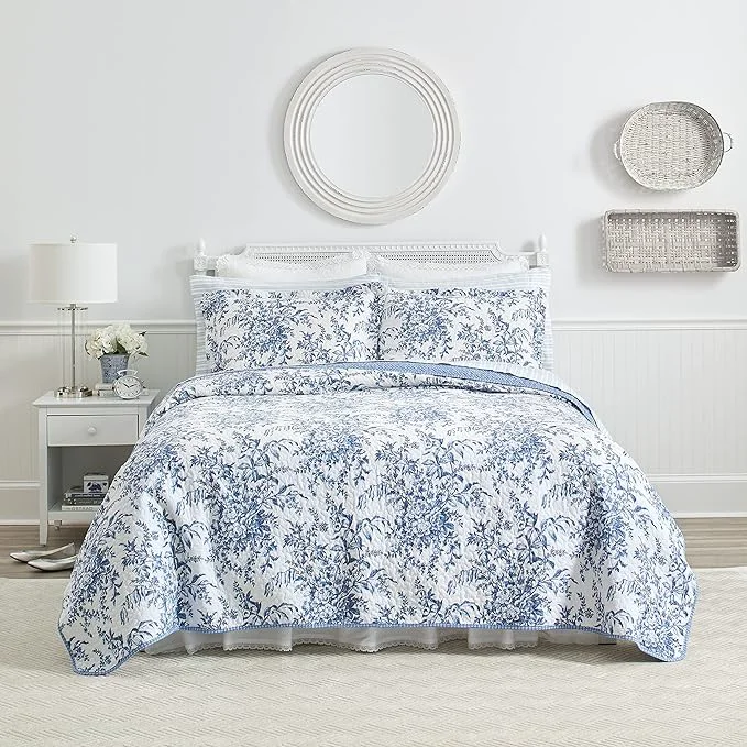High-Performance Laura Ashley - Twin Quilt Set Soft amp Reversible Cotton Floral Bedding with a Medium Weight Feel 2 Piece Bed Set with Matching Pillowcases Bedford Delft Blue Consistent