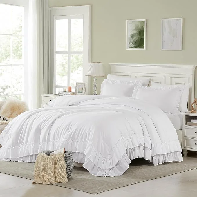 Professional Cupocupa White Full Comforter Set 3Pcs Comforters Ruffle Farmhouse Bedding Sets Full with Comforter Lightweight Soft Shabby Chic Bedding Comforter Set Fluffy for All Season White F Elegant