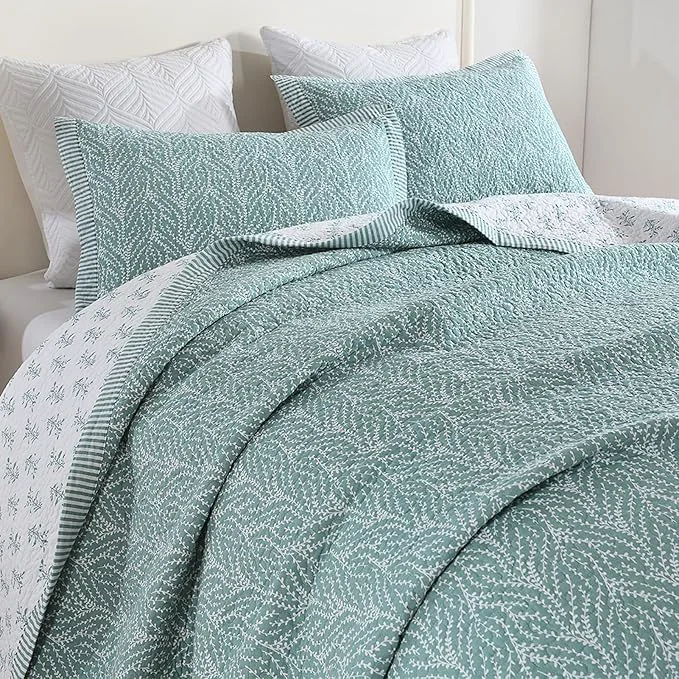 Modern SahSahCasa Quilt Set Queen Size Cotton Quilt Bedding Set Bedspread Botanical Pattern Solid Color Chic Lightweight Quilted Comforter for Queen Bed White Teal All Season 3PCs Responsible