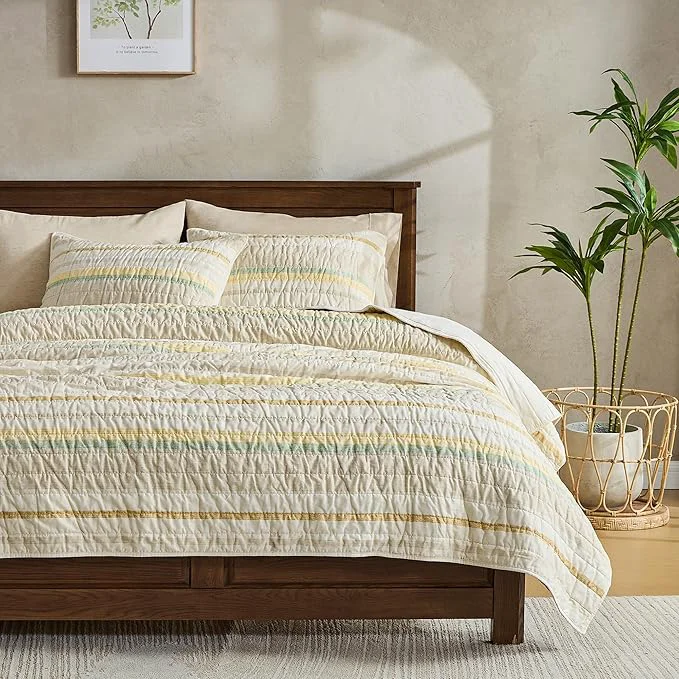 Smart Wonderful Cotton Quilt Set King Size Fall Bedding Set Natural Dyed Cozy amp Breathable Striped Coverlet Soft Pre-Washed Bedspread with Shams Light Yellow Green Stripe Excellent