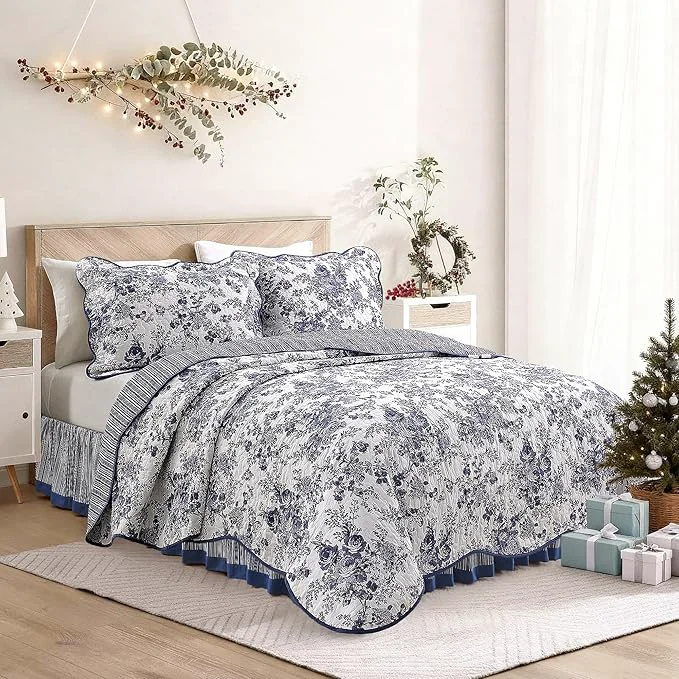 High-End Wonderful Cotton Blue Floral Quilt Set King Size Bedding Sets with Pillow Shams and Bed Skirt 4 Pieces Floral Bedspread Coverlet Quilted Blanket Bed Cover for All Season 104 quot x90 quot Secure