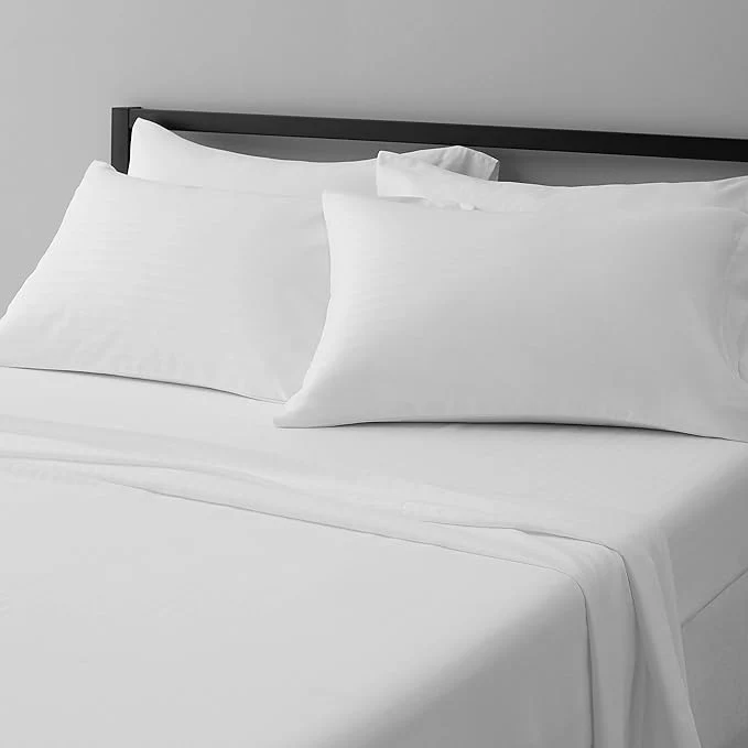 Unique Amazon Basics Soft Breathable Wrinkle- Microfiber 4-Piece Bed Sheet Set Full Size Bright White Striped Certified